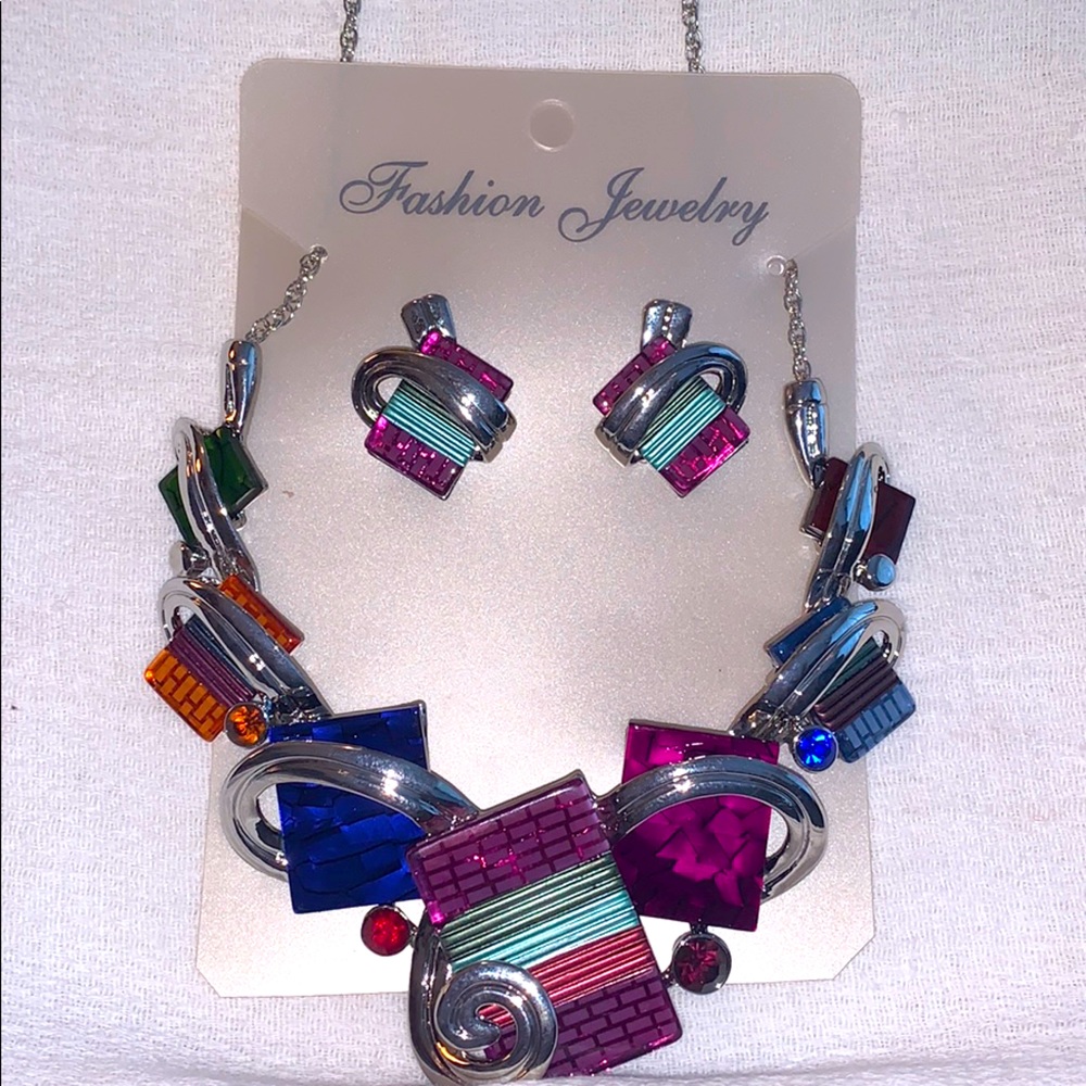 Colorful square shaped necklace earring set